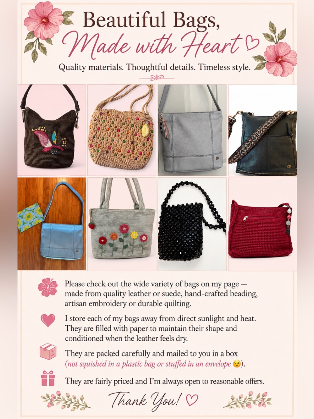 Quality Bags: Leather, Suede, Crochet, Quilting w/Artisan Bag Charms